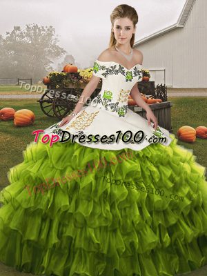 Top Selling Floor Length Lace Up Quinceanera Dresses Olive Green for Military Ball and Sweet 16 and Quinceanera with Embroidery and Ruffled Layers
