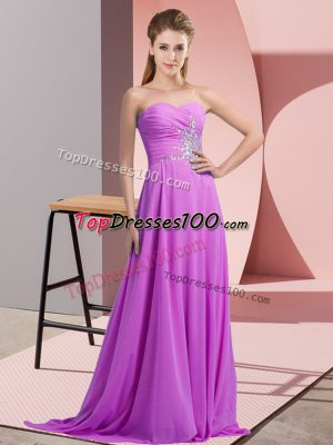 Lilac Empire Chiffon Halter Top Sleeveless Beading and Ruching Floor Length Lace Up Evening Dress