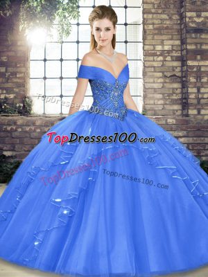 Designer Ball Gowns Quinceanera Dress Blue Off The Shoulder Tulle Sleeveless Floor Length Lace Up