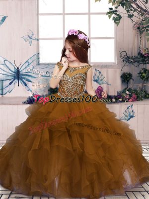 Ball Gowns Glitz Pageant Dress Brown Scoop Organza Sleeveless Floor Length Lace Up