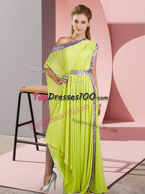 Deluxe Chiffon One Shoulder Sleeveless Side Zipper Sequins Prom Gown in Yellow Green