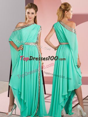 Inexpensive Turquoise Chiffon Side Zipper One Shoulder Sleeveless Asymmetrical Sequins