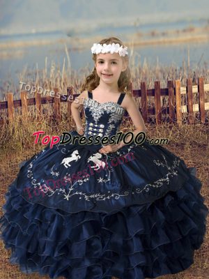 Hot Selling Floor Length Navy Blue Child Pageant Dress Straps Sleeveless Lace Up