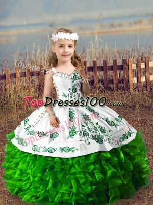 Green Organza Lace Up Straps Sleeveless Floor Length Little Girls Pageant Dress Wholesale Embroidery and Ruffles