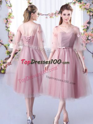 New Arrival Pink Vestidos de Damas Wedding Party with Lace and Belt V-neck Sleeveless Lace Up
