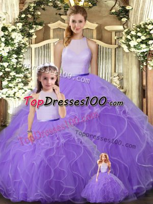 High-neck Sleeveless Quinceanera Dresses Floor Length Ruffles Lavender Tulle