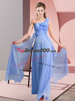 Blue One Shoulder Neckline Hand Made Flower Bridesmaid Dresses Sleeveless Lace Up