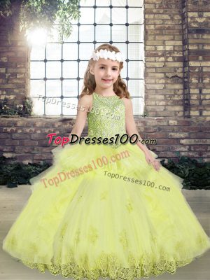 Stunning Yellow Green Scoop Neckline Lace and Appliques Pageant Gowns Sleeveless Lace Up