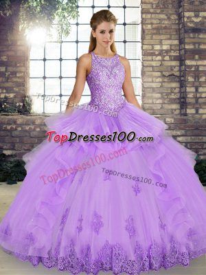 Floor Length Lavender Quince Ball Gowns Tulle Sleeveless Lace and Embroidery and Ruffles