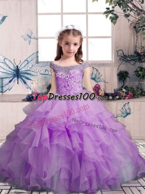 Stylish Lilac Lace Up Kids Pageant Dress Beading and Ruffles Sleeveless Floor Length