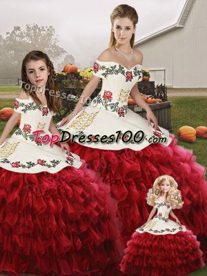 Wine Red Sleeveless Floor Length Embroidery and Ruffled Layers Lace Up Ball Gown Prom Dress