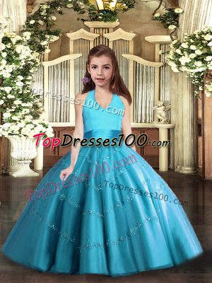 Halter Top Sleeveless Lace Up Kids Pageant Dress Baby Blue Tulle