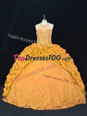 Floor Length Gold Sweet 16 Quinceanera Dress Taffeta Sleeveless Appliques