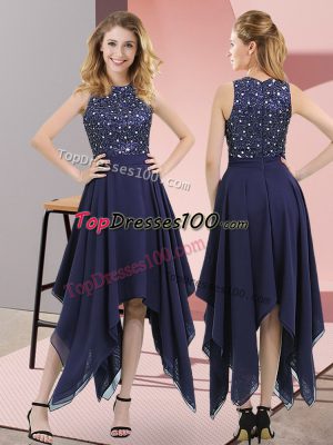 Elegant Navy Blue Zipper High-neck Beading and Sequins Prom Gown Chiffon Sleeveless