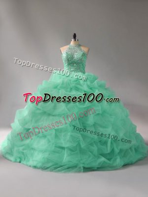 Organza Halter Top Sleeveless Court Train Lace Up Beading and Pick Ups Sweet 16 Dress in Apple Green