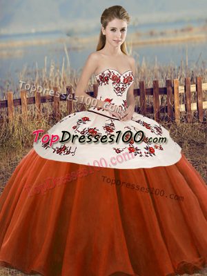 Simple Tulle Sweetheart Sleeveless Lace Up Embroidery and Bowknot 15 Quinceanera Dress in Rust Red