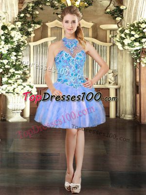 Sophisticated Baby Blue Halter Top Neckline Embroidery and Ruffles Prom Party Dress Sleeveless Lace Up