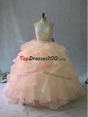 Halter Top Sleeveless Organza Quinceanera Gown Beading and Ruffles Backless