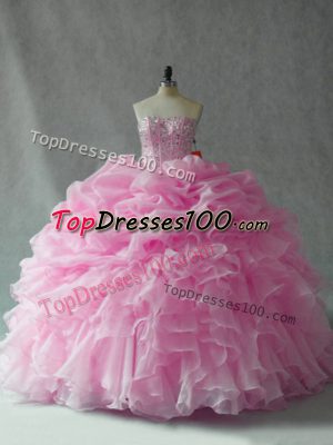 Custom Design Baby Pink Quinceanera Gown Strapless Sleeveless Brush Train Lace Up