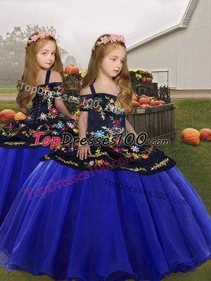 Discount Royal Blue Ball Gowns Embroidery and Ruffles Little Girls Pageant Dress Wholesale Lace Up Organza Sleeveless Floor Length