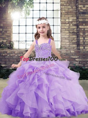 Dazzling Floor Length Lavender Girls Pageant Dresses Organza Sleeveless Beading and Ruffles