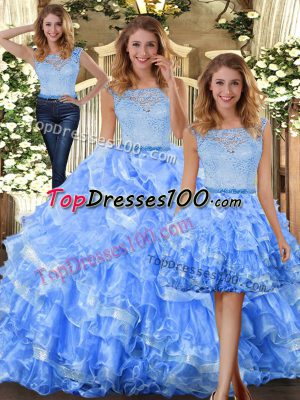 Light Blue Three Pieces Organza Scoop Sleeveless Lace and Ruffled Layers Floor Length Zipper Ball Gown Prom Dress