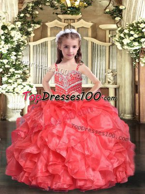 Best Coral Red Organza Lace Up Straps Sleeveless Floor Length Girls Pageant Dresses Beading and Ruffles