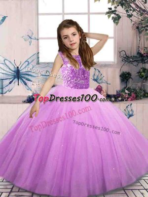 Tulle Bateau Sleeveless Lace Up Beading Child Pageant Dress in Lilac