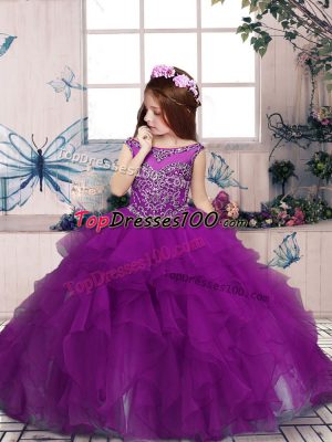 High Quality Purple Zipper Scoop Beading Winning Pageant Gowns Tulle Sleeveless
