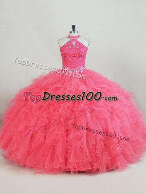Artistic Pink Vestidos de Quinceanera Halter Top Sleeveless Lace Up