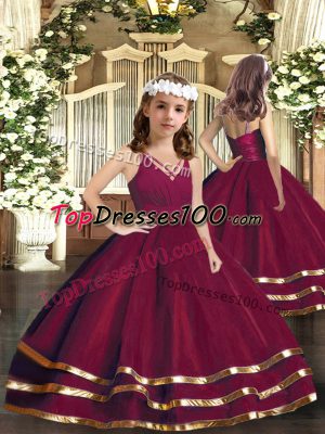 Sleeveless Floor Length Ruffled Layers Zipper Little Girls Pageant Dress Wholesale with Burgundy
