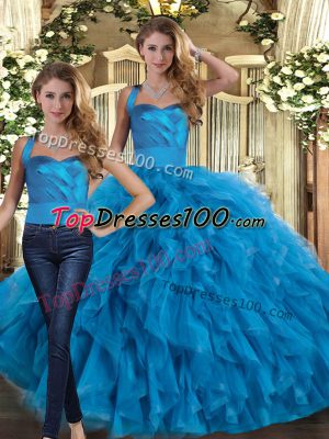 Floor Length Two Pieces Sleeveless Blue Sweet 16 Dresses Lace Up