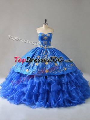Latest Royal Blue Satin Lace Up Quinceanera Dresses Sleeveless Floor Length Embroidery and Ruffles