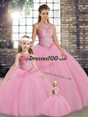 Luxurious Sleeveless Tulle Floor Length Lace Up Quinceanera Gown in Pink with Embroidery