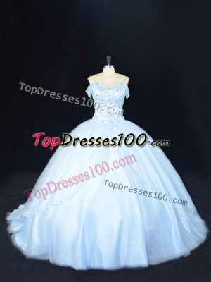 Hot Sale Blue 15 Quinceanera Dress Off The Shoulder Sleeveless Court Train Lace Up