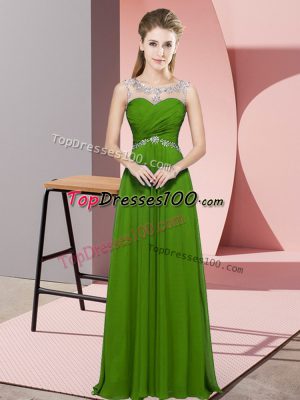 Custom Fit Sleeveless Chiffon Floor Length Backless Homecoming Dress in Green with Beading