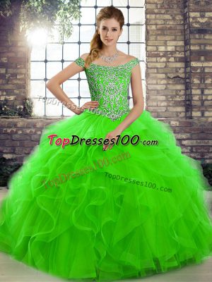 High Class Green Tulle Lace Up 15 Quinceanera Dress Sleeveless Brush Train Beading and Ruffles