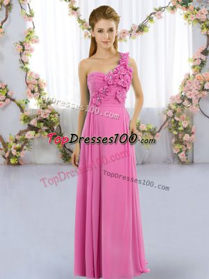 Floor Length Lace Up Quinceanera Court Dresses Rose Pink for Wedding Party with Hand Made Flower