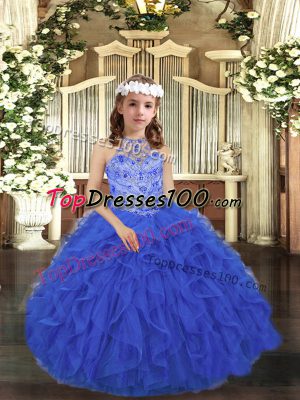 Attractive Sleeveless Floor Length Beading and Ruffles Lace Up Kids Formal Wear with Royal Blue