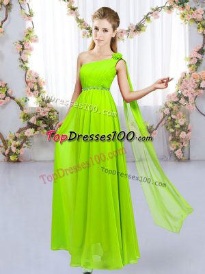 Fashionable Empire Wedding Party Dress Yellow Green One Shoulder Chiffon Sleeveless Floor Length Lace Up