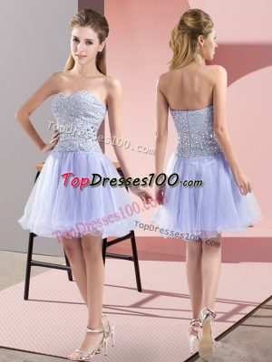 Lavender A-line Tulle Sweetheart Sleeveless Beading Mini Length Zipper Dress for Prom