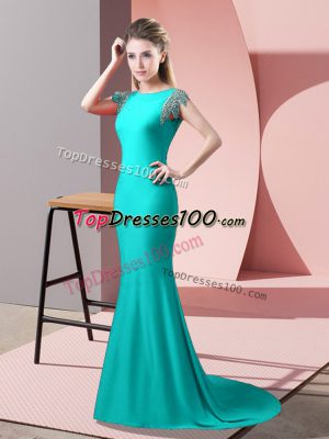 Shining Short Sleeves Elastic Woven Satin Brush Train Backless Prom Party Dress in Turquoise with Beading