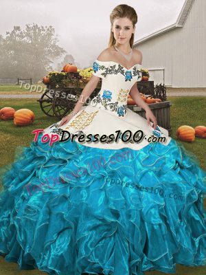 Popular Blue And White Ball Gowns Off The Shoulder Sleeveless Organza Floor Length Lace Up Embroidery and Ruffles Quinceanera Dress