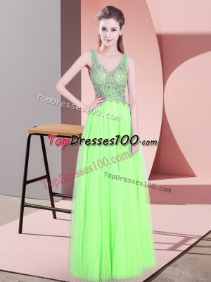 Yellow Green Tulle Zipper Dress for Prom Sleeveless Floor Length Beading