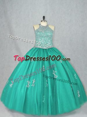 Adorable Halter Top Sleeveless 15 Quinceanera Dress Floor Length Beading and Appliques Turquoise Tulle