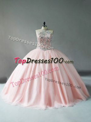 Traditional Tulle Halter Top Sleeveless Beading Quinceanera Gowns in Pink