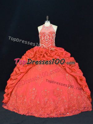 Halter Top Sleeveless Lace Up Quince Ball Gowns Red Taffeta