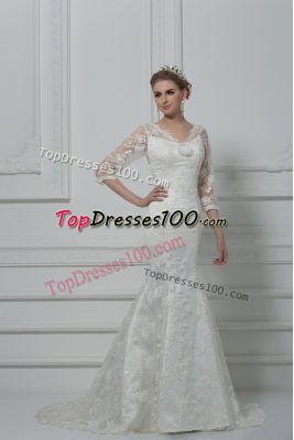 White Lace Up V-neck Lace and Hand Made Flower Wedding Gowns Lace 3 4 Length Sleeve Brush Train