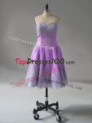 Deluxe Lavender A-line Sweetheart Sleeveless Tulle Mini Length Lace Up Appliques and Embroidery Evening Dress