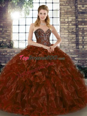 Luxurious Beading and Ruffles Quinceanera Dresses Brown Lace Up Sleeveless Floor Length